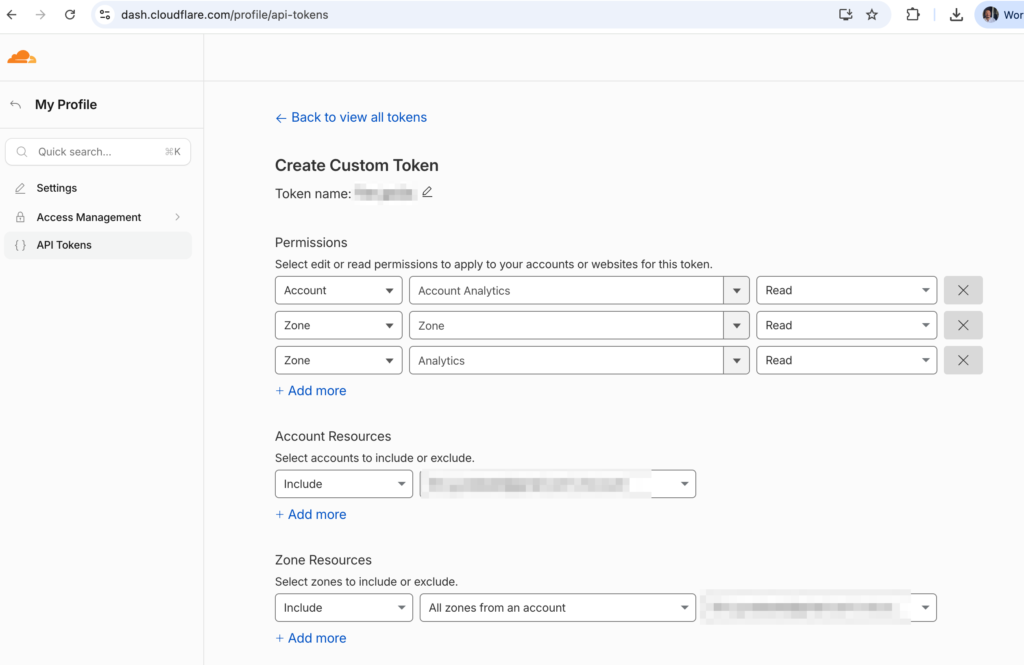 Cloudflare Create Custom Token screen with Read permissions selected for Account Analytics, Zone, and Zone Analytics, plus account and zone resources