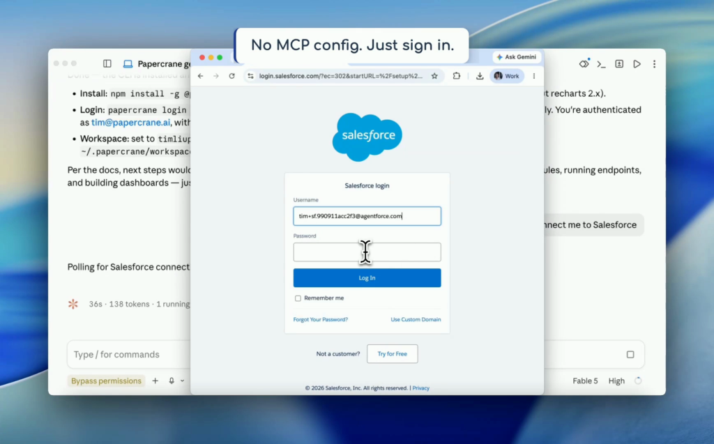 A standard Salesforce sign in page shown while connecting Salesforce to Papercrane