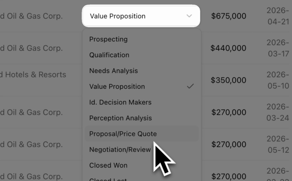 A stage dropdown open on a deal in a Papercrane dashboard, changing the Salesforce stage directly from the dashboard